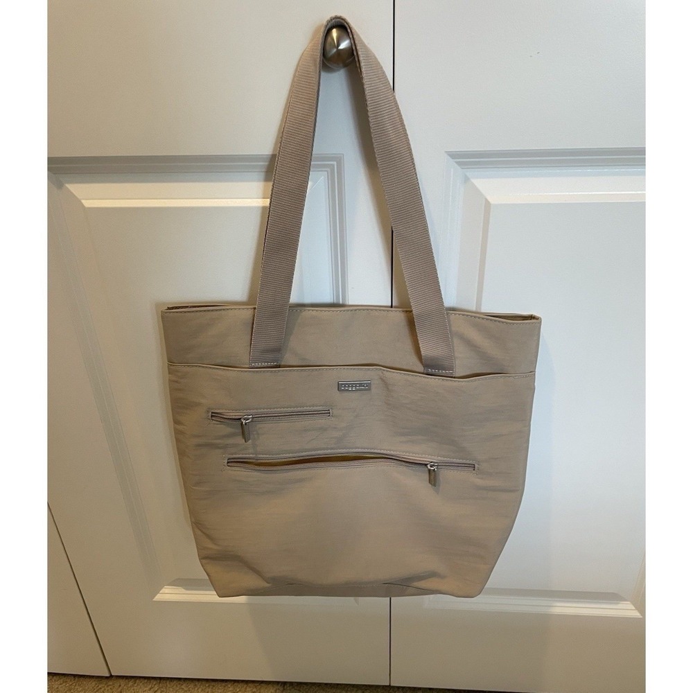 Baggallini Tote Bag Tan Nylon Zippered Multi-Pocket Travel Work School Carryall